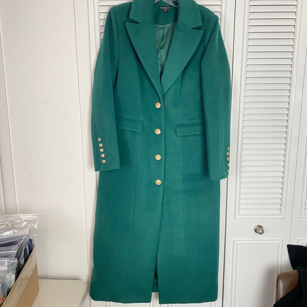 Boston Proper Longline Gold Button Overcoat Women 8 Emerald Green Trench Coat